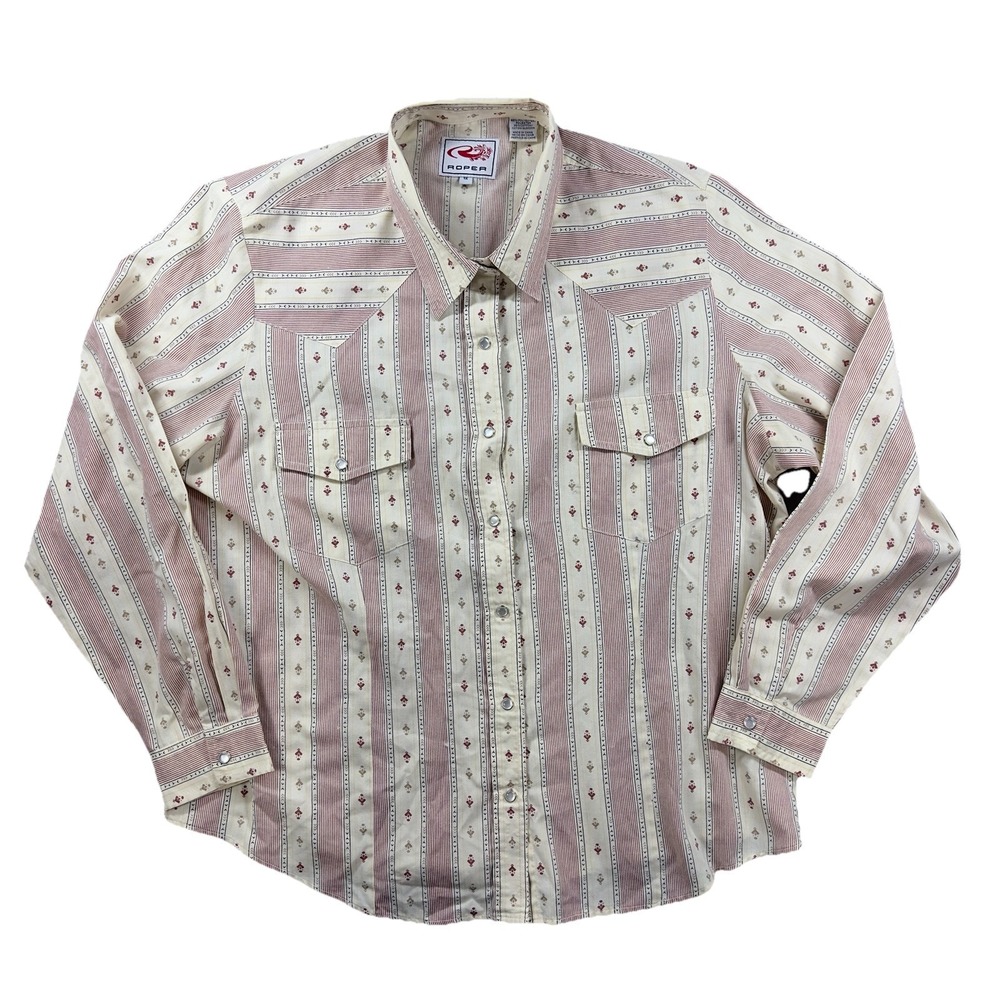 Roper Western Shirt Womens 1X Cream Red Striped Pearl Snap Long Sleeve Cowgirl